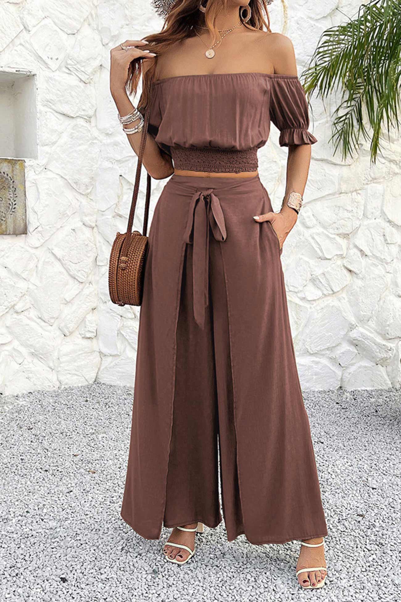 Maxct Off-shoulder Crop Top Tie-up Pants Suits