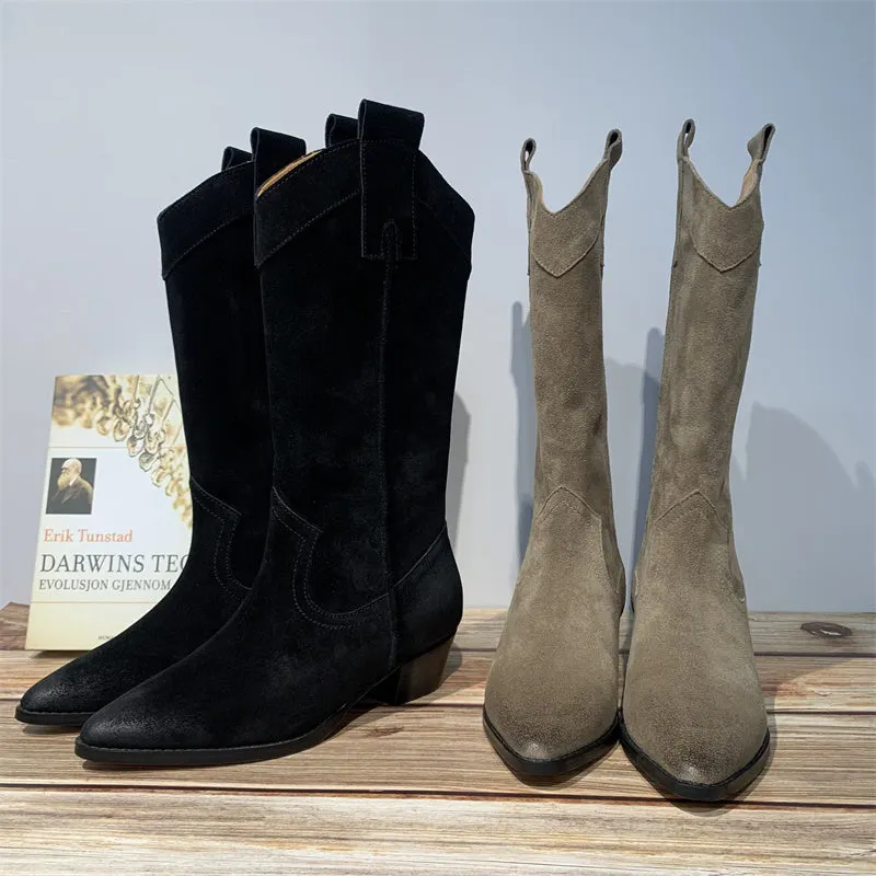 Western Bootss Mid Calf suede knee boots- Black/Khaki Maxct