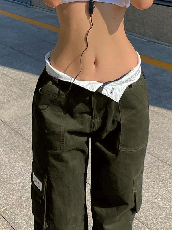 Fold Over Waist Y2K Straight Leg Pants Maxct