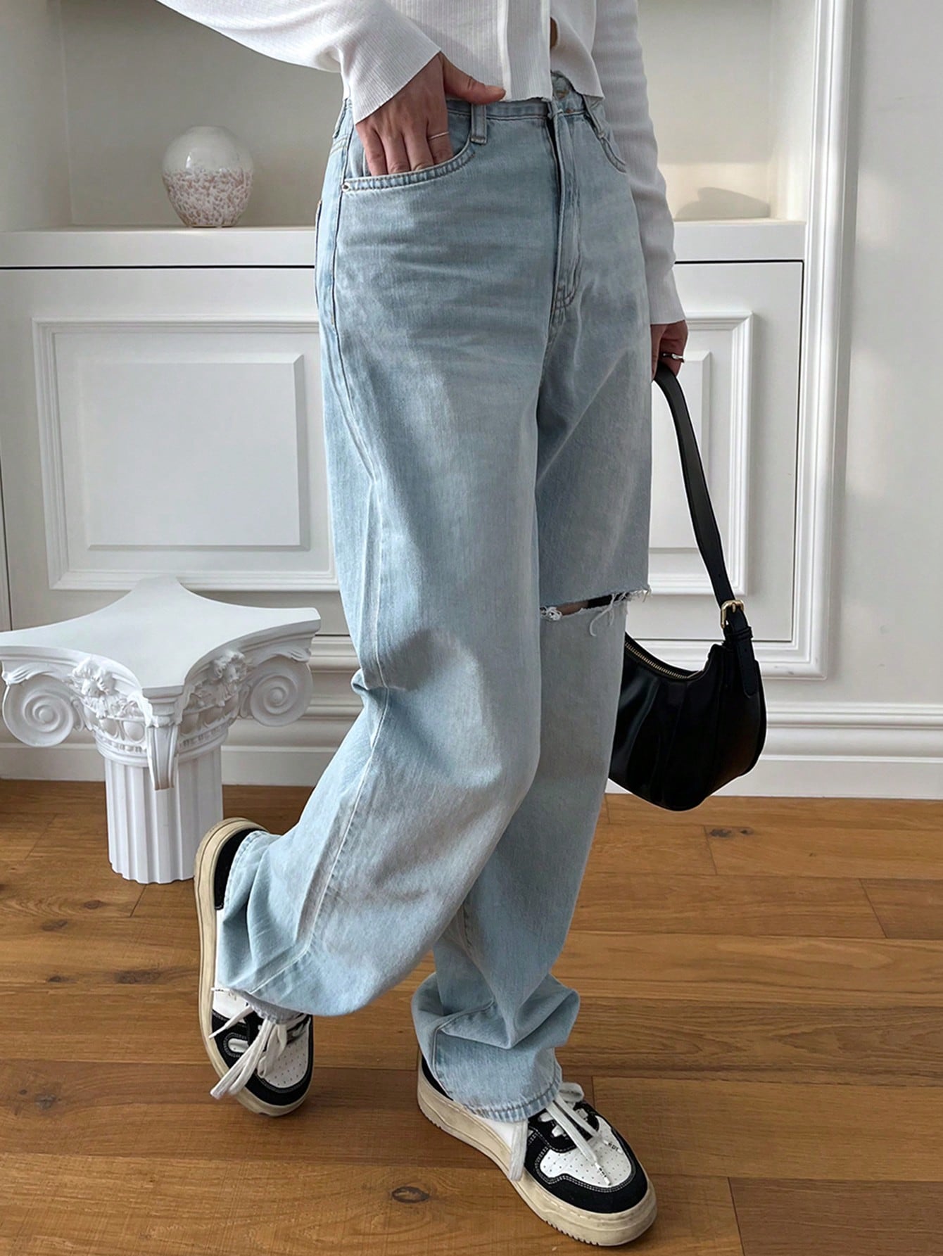 Maxct Ladies Solid Color Simple Style Denim Pants Trousers