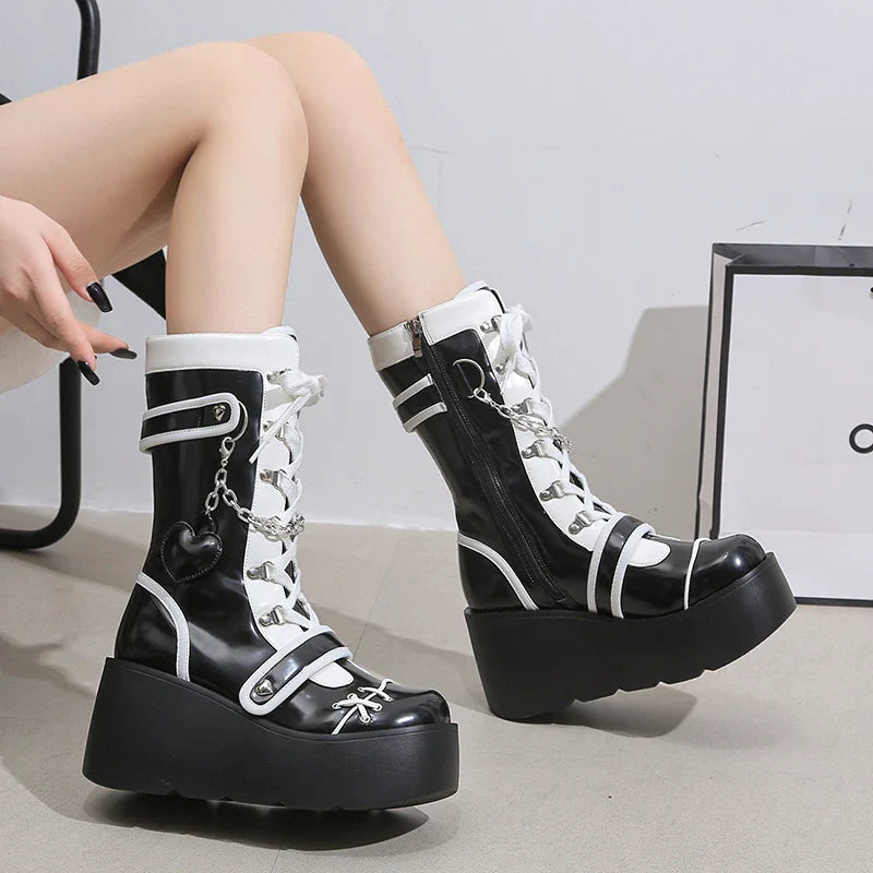 Platform Wedge Women's Punk Boots Black and White Gothic Style Maxct