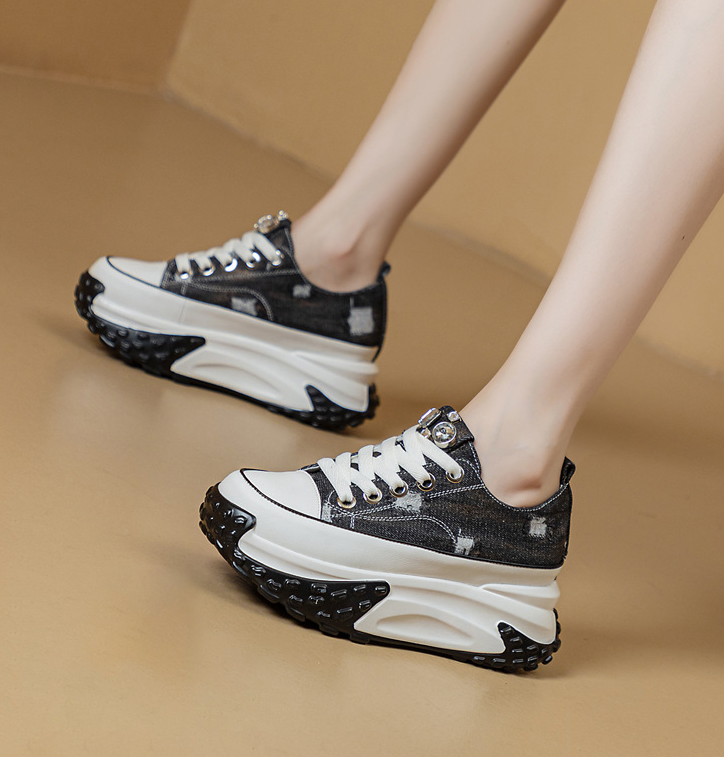 Blinged Out: 6cm Denim Leather Chunky Platform Sneakers - true deals club