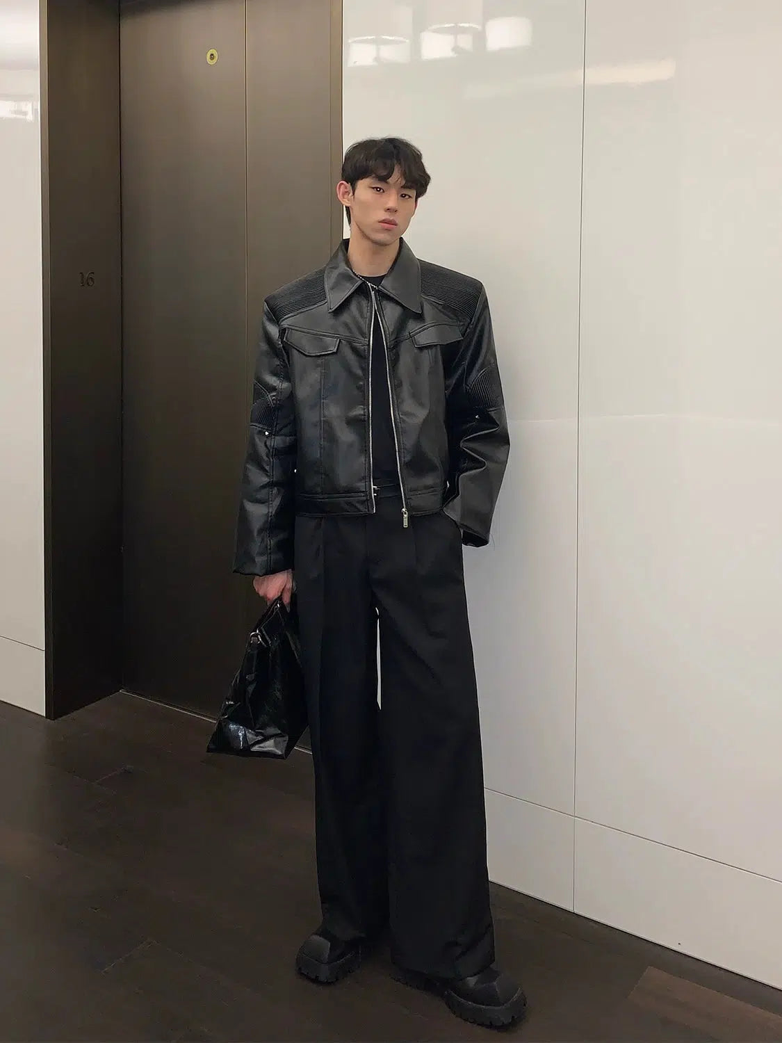 Maxct Pleated Stitching PU Leather Biker Jacket