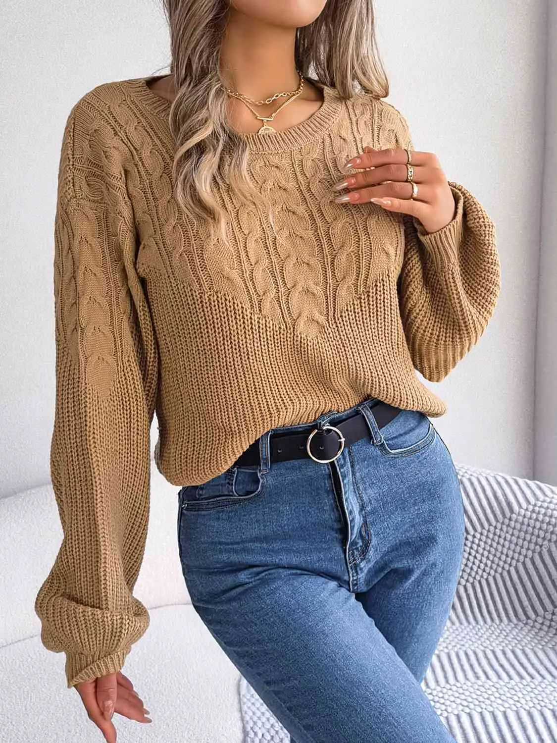Maxct &Cable-Knit Round Neck Drop Shoulder Sweater