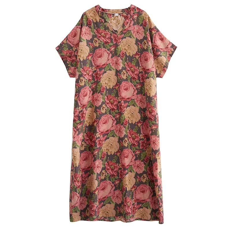 Women Summer Ethnic Cotton-Linen Printed Floral Long Dress