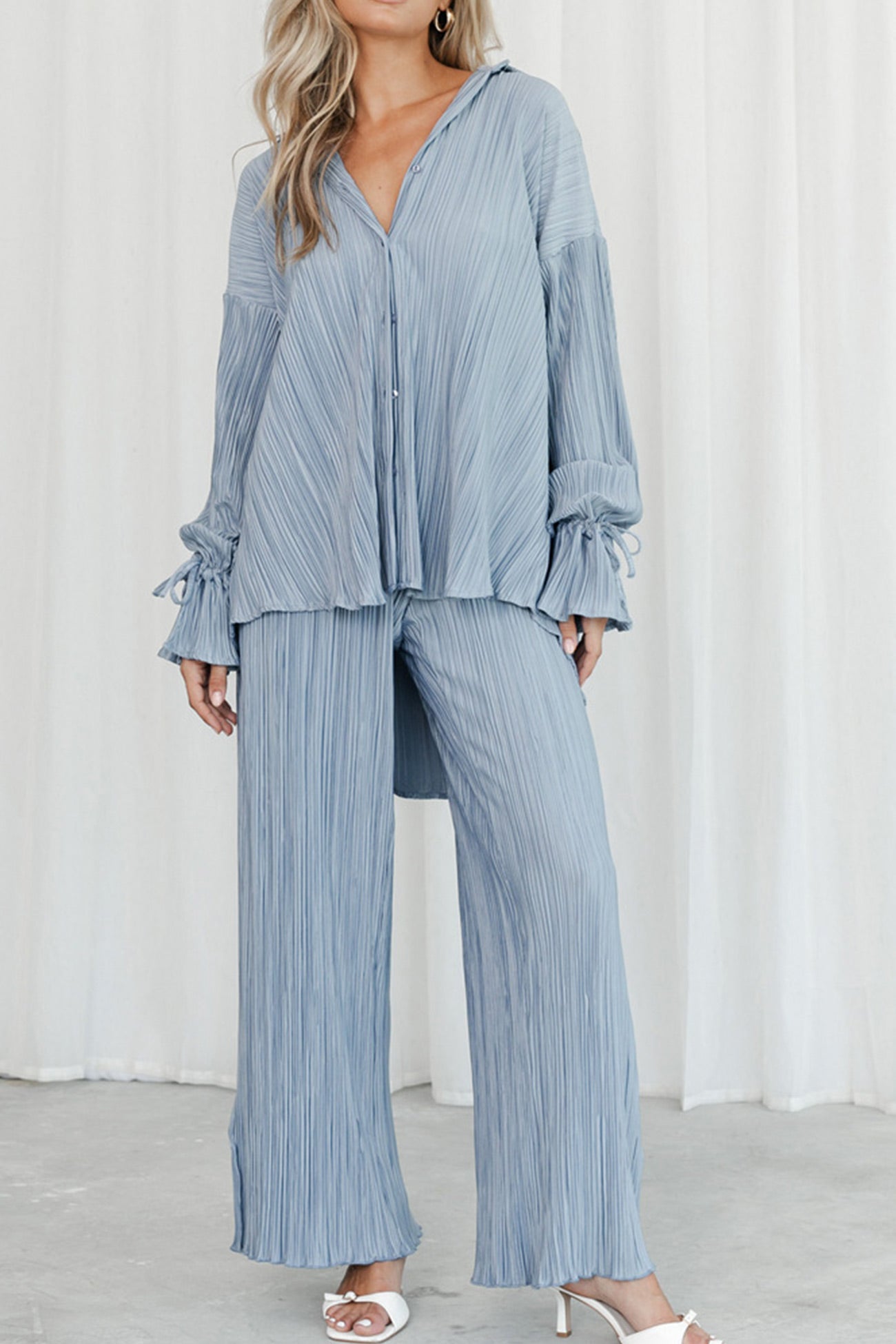 Maxct Pleated Blouse Slit Long Pants Set