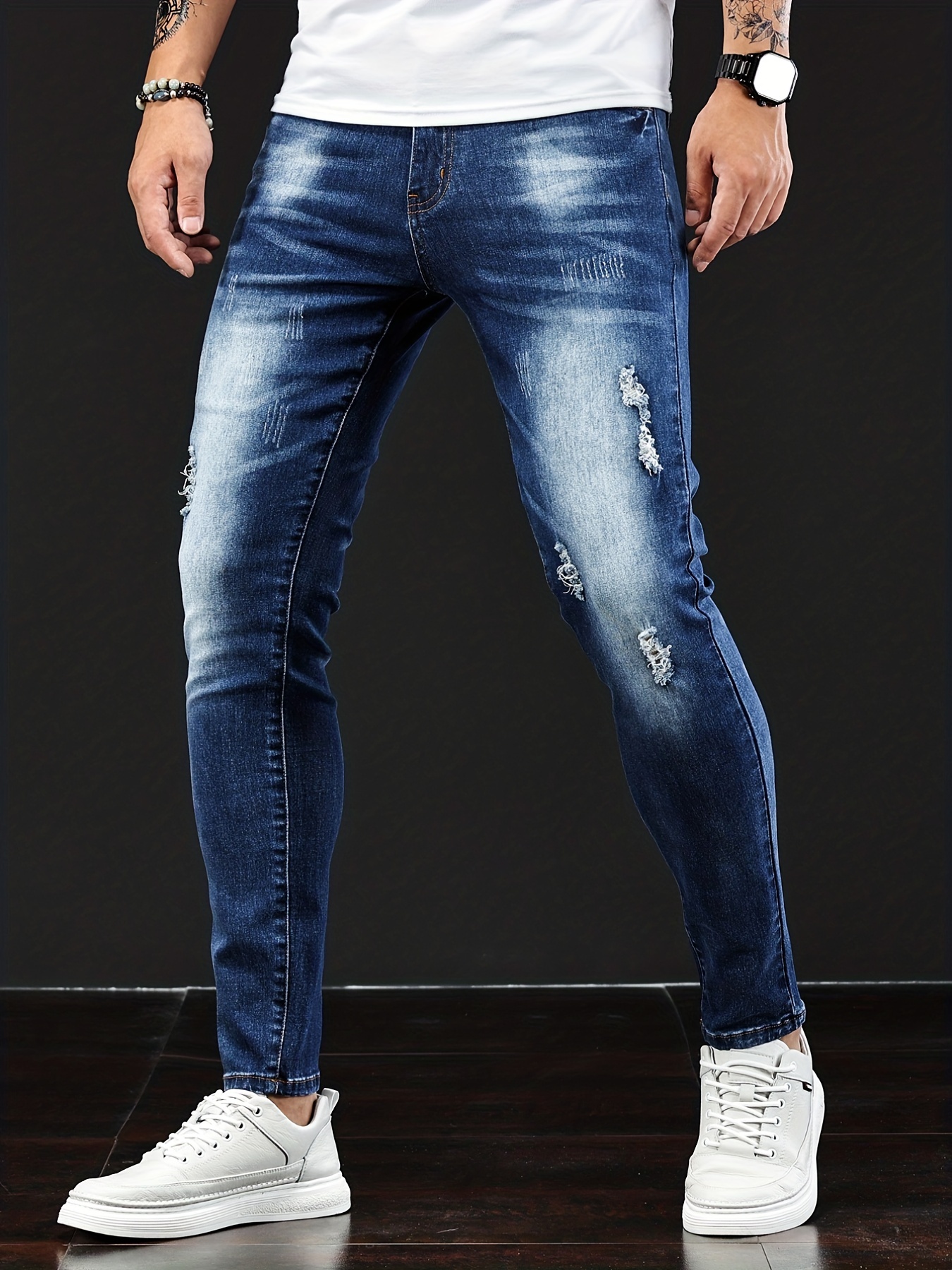 Slim Fit Ripped Jeans, Men's Casual Street Style Distressed Medium Stretch Denim Pants