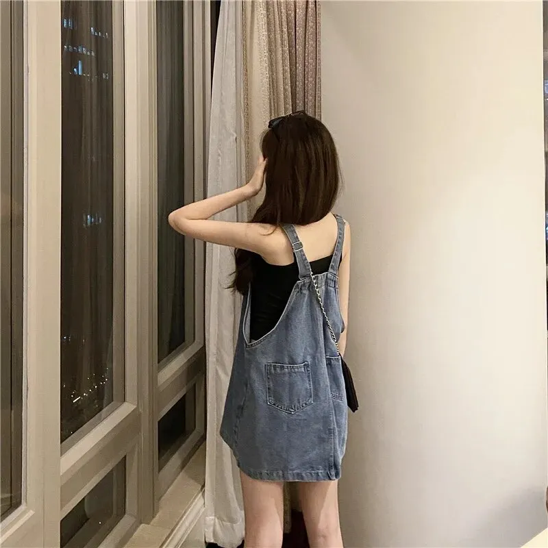 Maxct Korean 2000s Fashion Denim Dresses for Large Women Plus Size Summer Casual Teen Strap Retro Jeans Loose Overall Dress Women