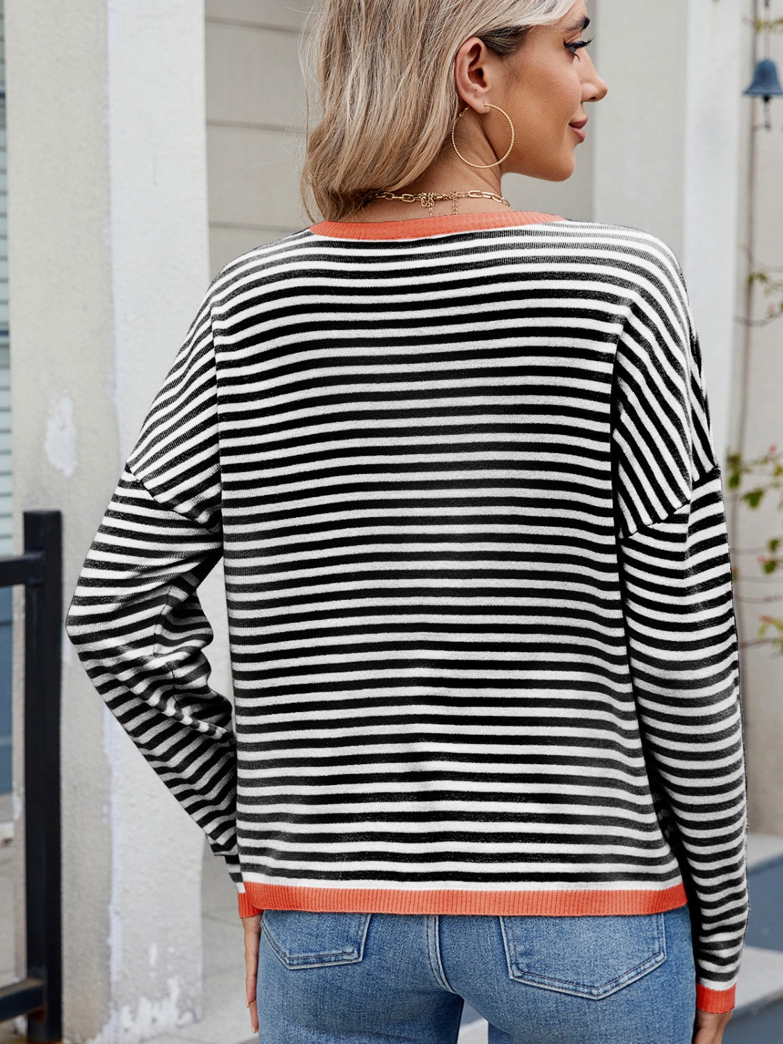 Maxct &Striped Contrast Round Neck Long Sleeve Sweater