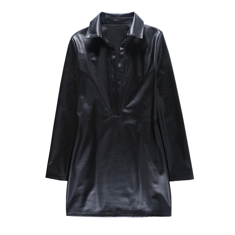 Voguable  Pu Leather Deep V Neck Long Sleeve Loose Mini Dress Winter Casual Streetwear Outfits Club Y2K Maxct