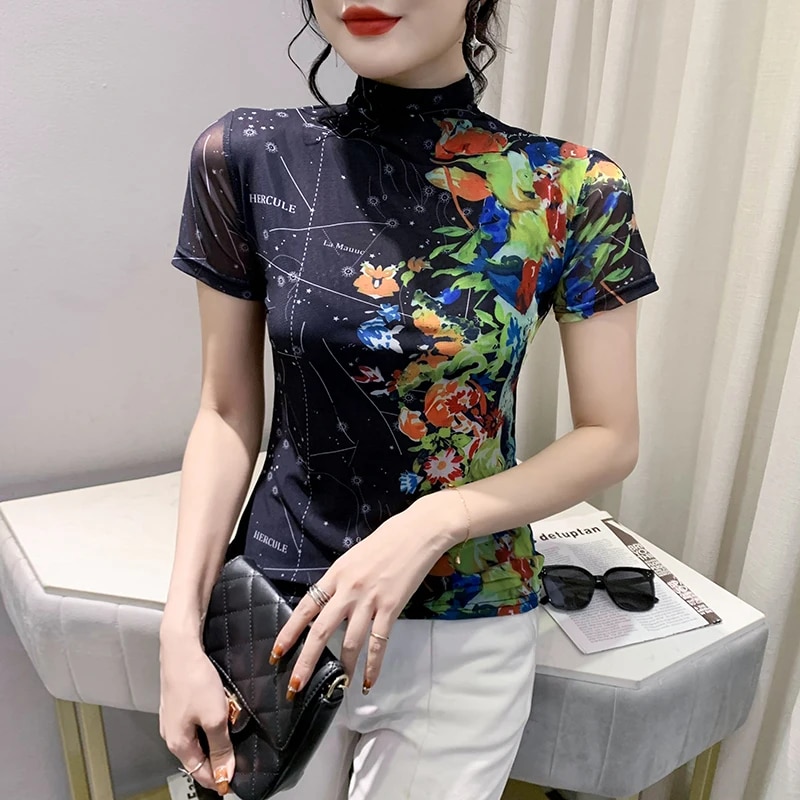 Maxct Printed Mesh T Shirt Women Short Sleeve Turtleneck TShirts Lady Basic High Stretch Tops Tees