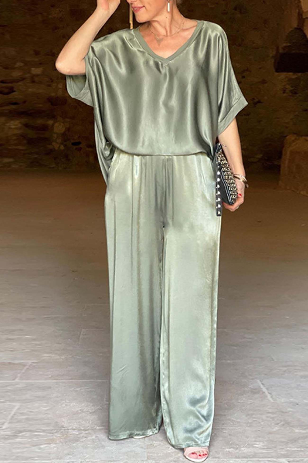 Maxct Satin V Neck Half Sleeve Long Pant Set