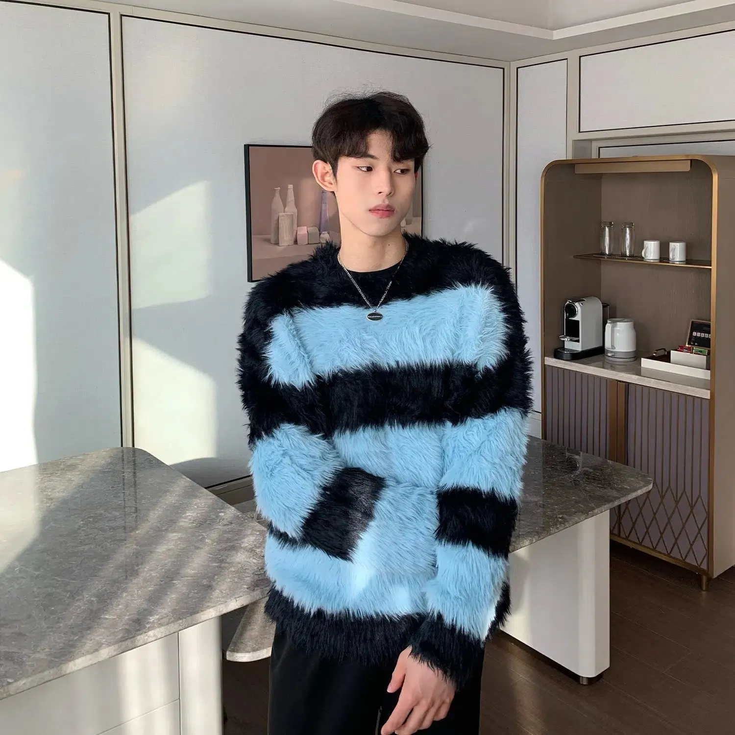 Maxct Faux Mink Plush Striped Sweater