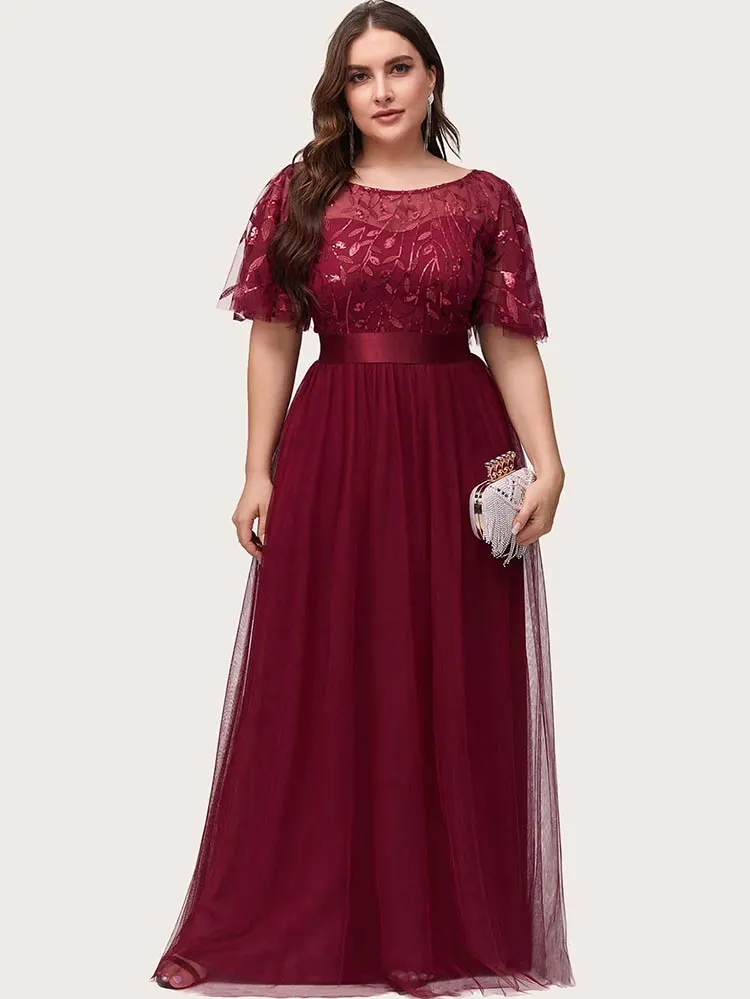 Leaf Sequin Bodice Mesh Party Dress Maxct