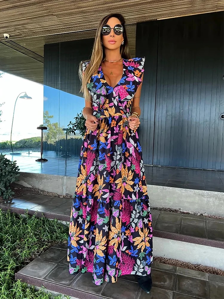 Maxct New Ruffle Sleeveless Printed Skirt Ladies V Neck Elegant Long Dress Waist Slimming Temperament Robe