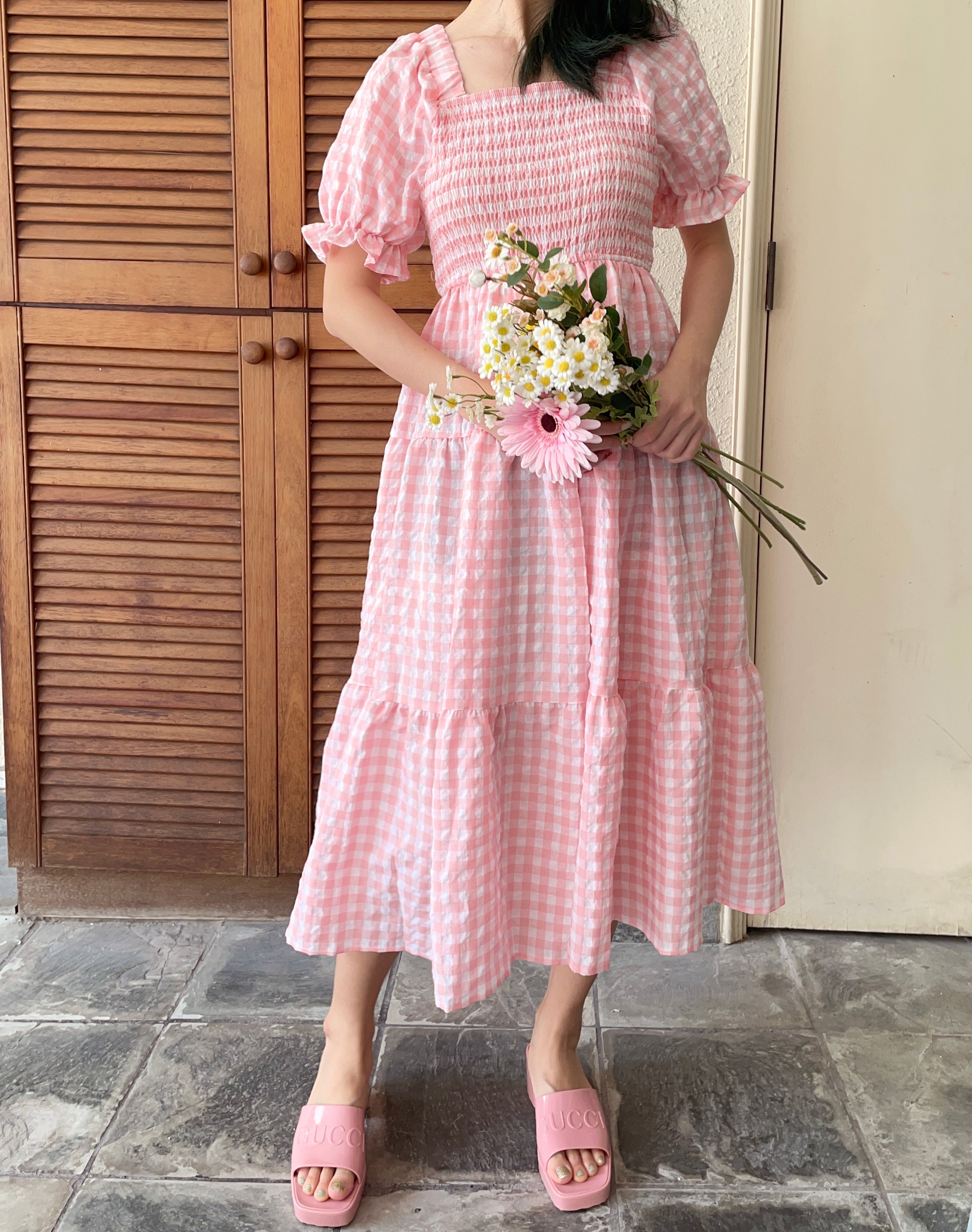 Puff Sleeve Gingham Tiered Dress Maxct