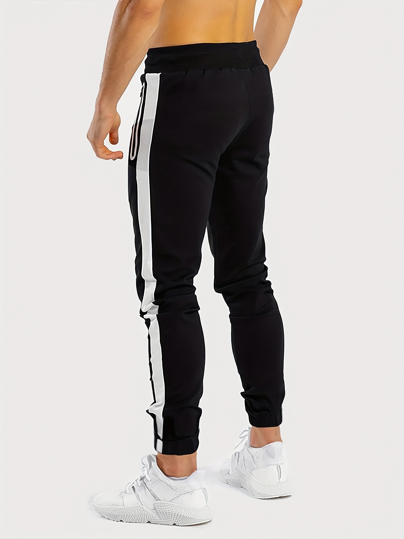 Men's Chic Zipper Pockets Casual Pants, Waist Drawstring Stretch Joggers Sweatpants