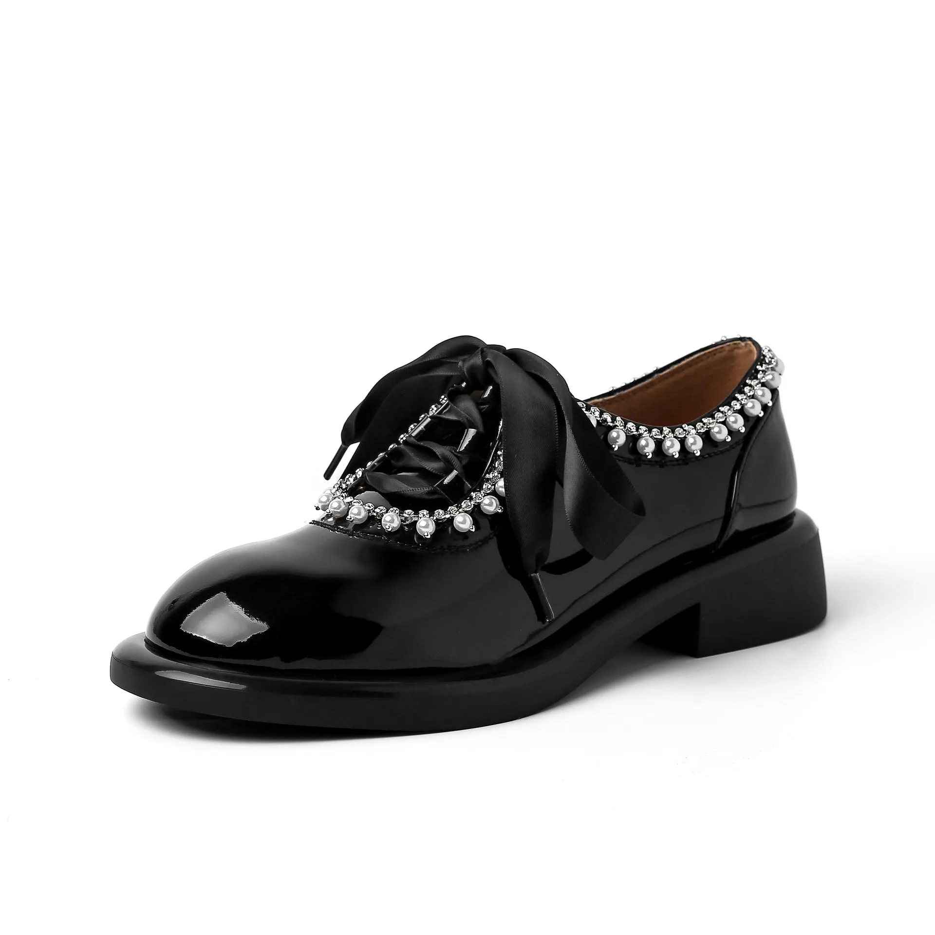 Round Toe Lace Up Peal-embellishment Chunky Derby Shoes Maxct