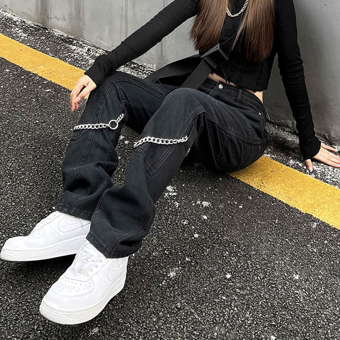 Grunge Aesthetic Chain Jeans Maxct