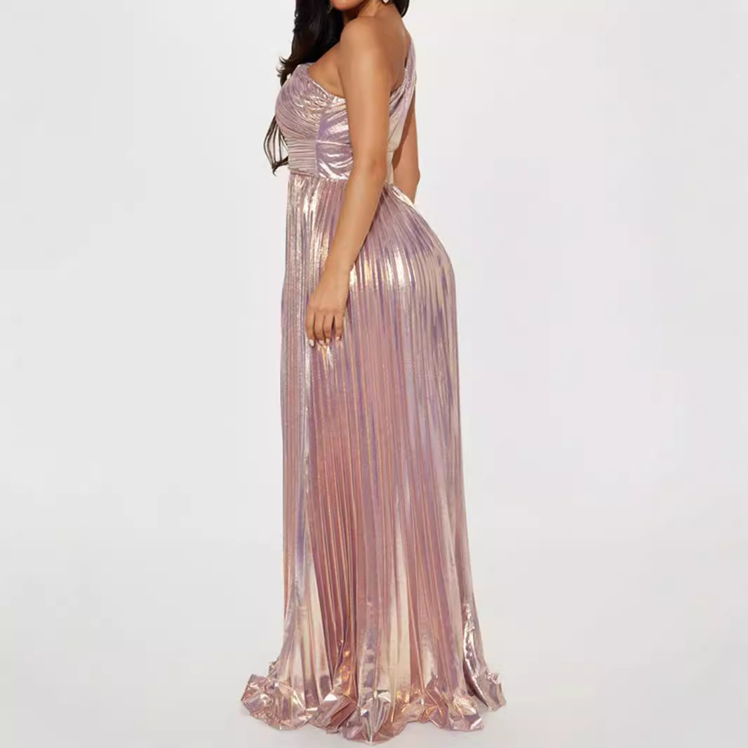 Maxct Fall 2024 New Women's One Shoulder High Waist Side Zipper Pleated Large Swing Skirt Party Dress - Image 2
