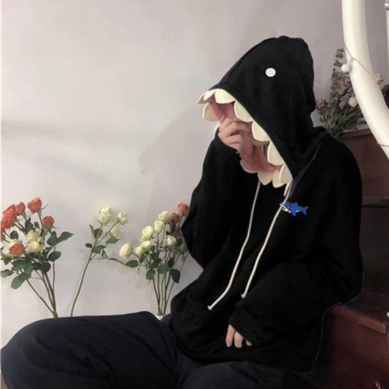 Maxct Funny Shark Patchwork Hoodies Autumn Kawaii Women's Sweatshirt Oversized Casual Long Sleeve Pullover cotton Couple y2k clothes