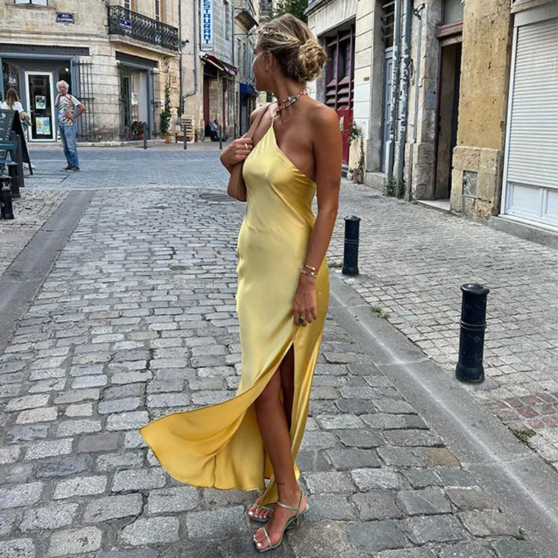 Slim-Fit Off-Shoulder Solid Color Backless Long Dress Maxct