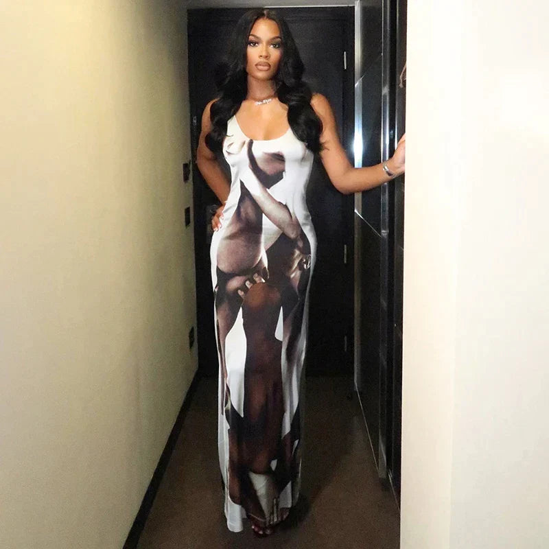 Maxct- Women Abstract Sexy Seduce Printed Dress Tank Camisole Sleeveless Dresses Wild Printed Casual Wear Streetwear Outfit