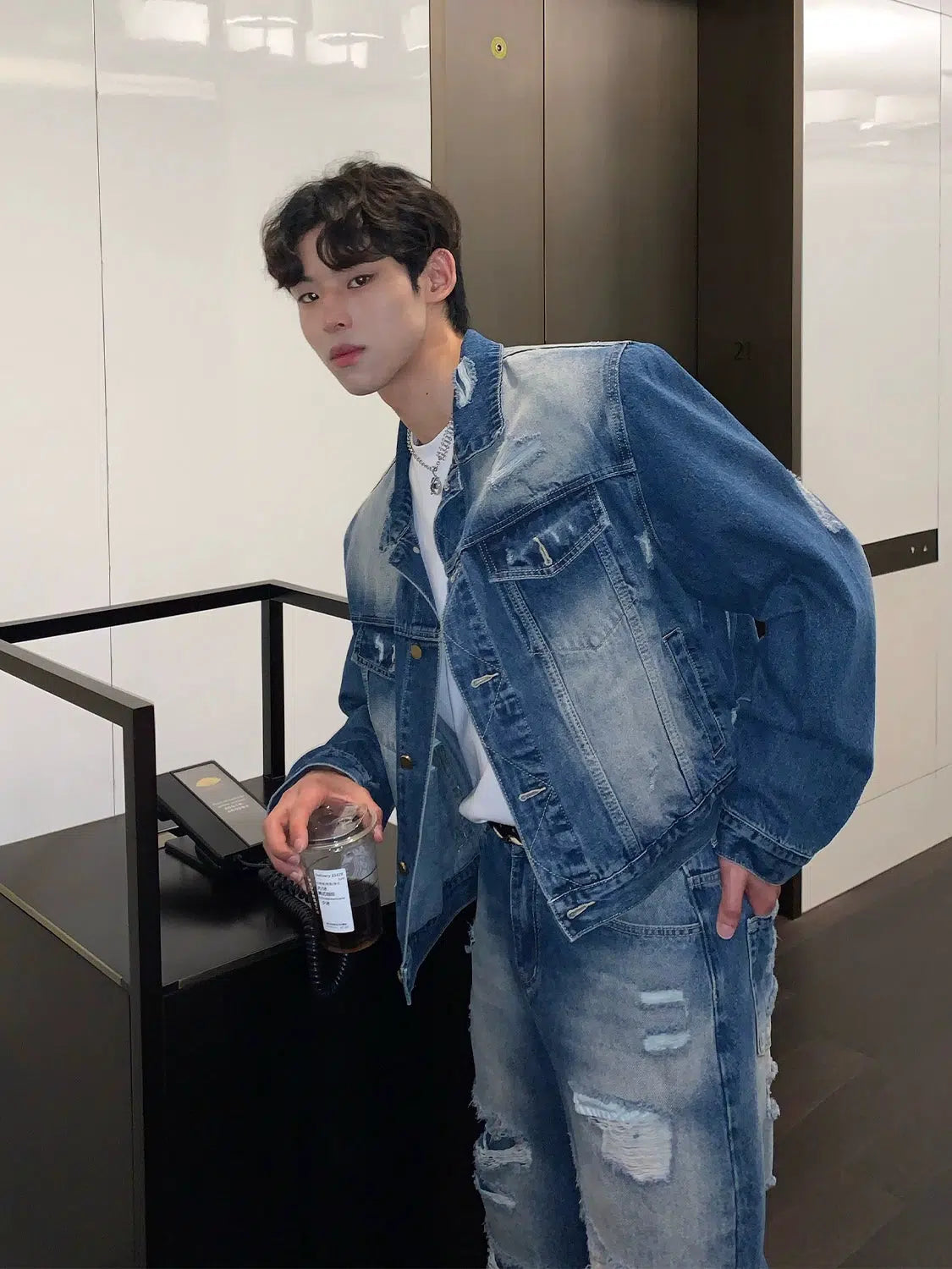 Maxct Blue Denim Jacket & Ripped Wide-leg Jeans