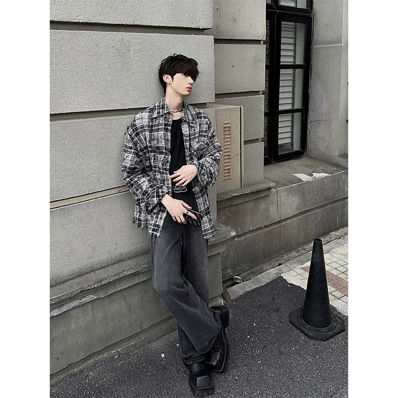 JM Distressed Raw Edge Plaid Shirt Maxct