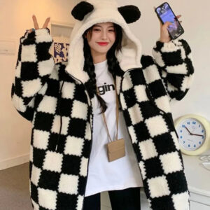 Checkered Cozy Bear Ears Zip-Up Hoodie for Women Maxct