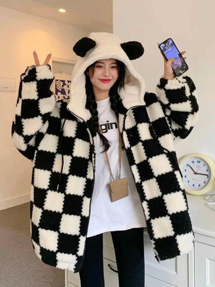Checkered Cozy Bear Ears Zip-Up Hoodie for Women Maxct