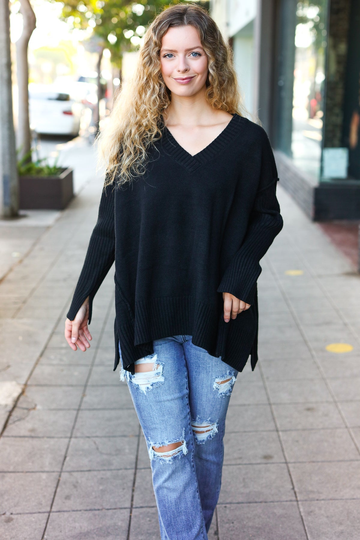 Maxct &Casual Chic Black Oversized V Neck Rib Knit Sweater