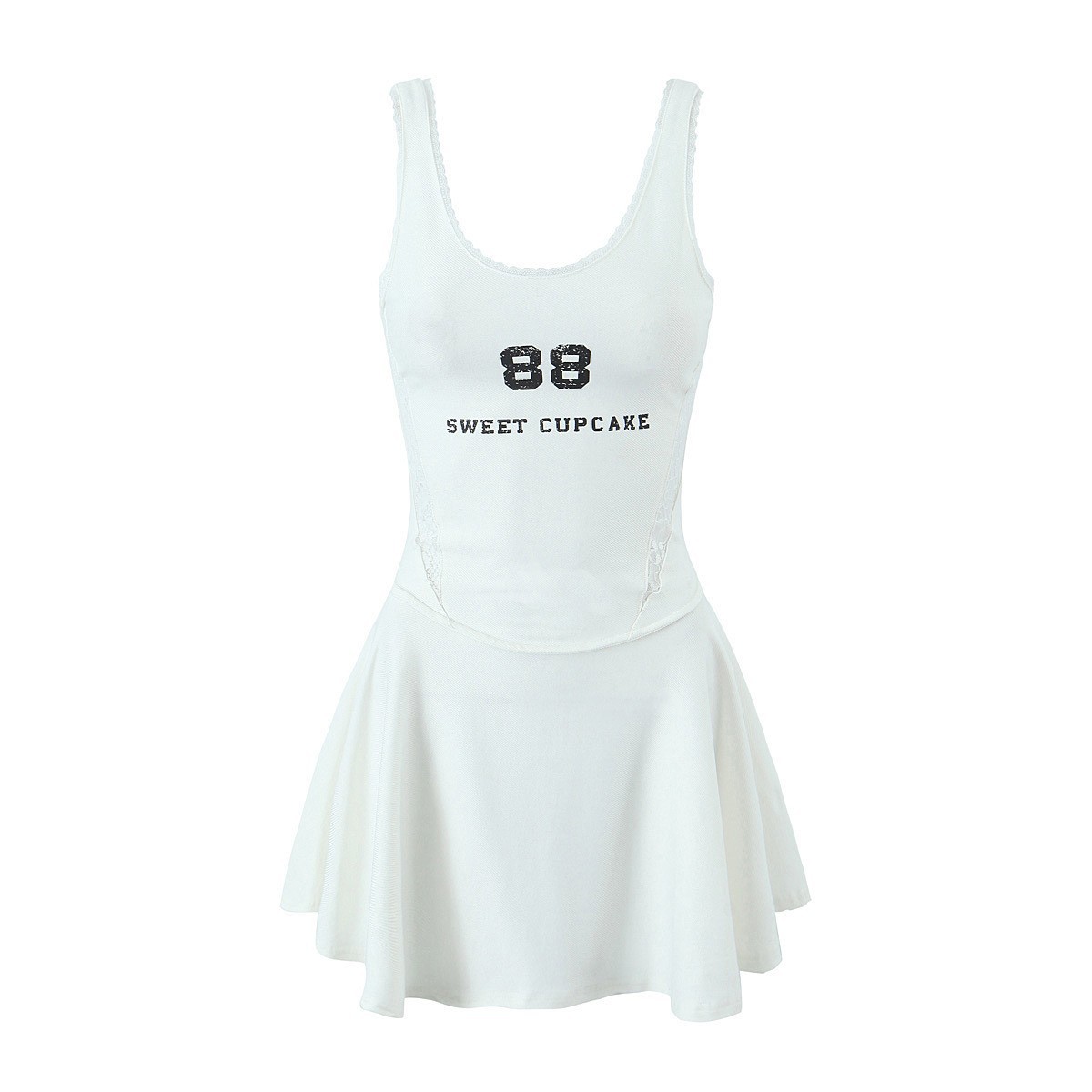 Maxct Spring Style Lace U-Collar Digital Printing Sports Style Slim Dress Short Skirt
