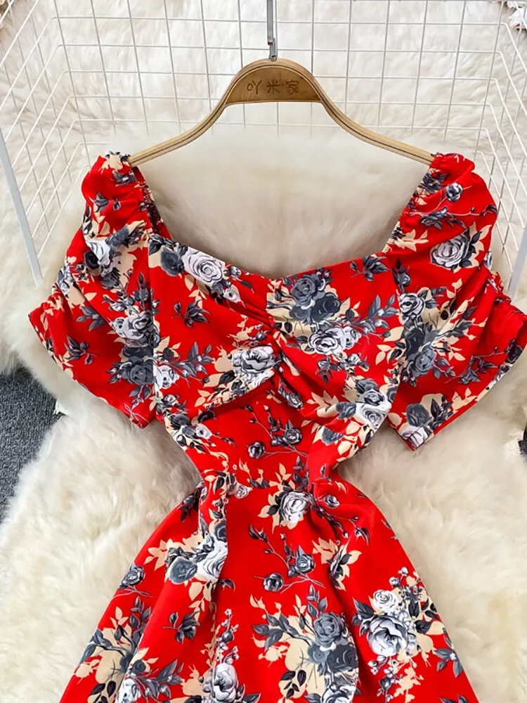 Vintage Women Printed Dresss Sexy Square Collar Short Puff Sleeve High Waist A-Line Vacation Beach Vestidos Female New