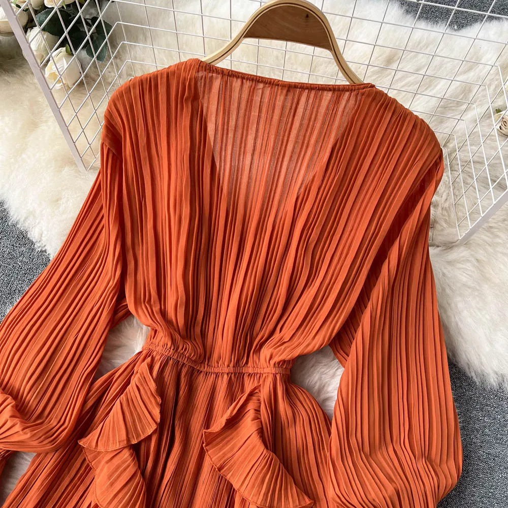 Chiffon Pleated Long Dress Women Vintage V-Neck Flare Sleeve Draped Ruffle Vestido Female Maxi Robe Spring Fall 1215-1