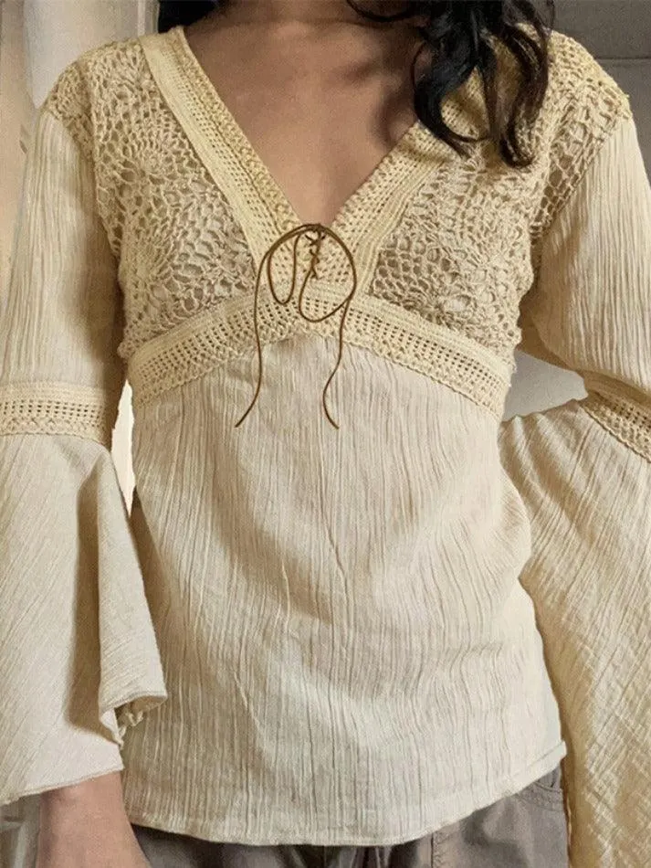 Maxct-Tribal Cutout V Neck Lacing Flared Long Sleeve Blouse