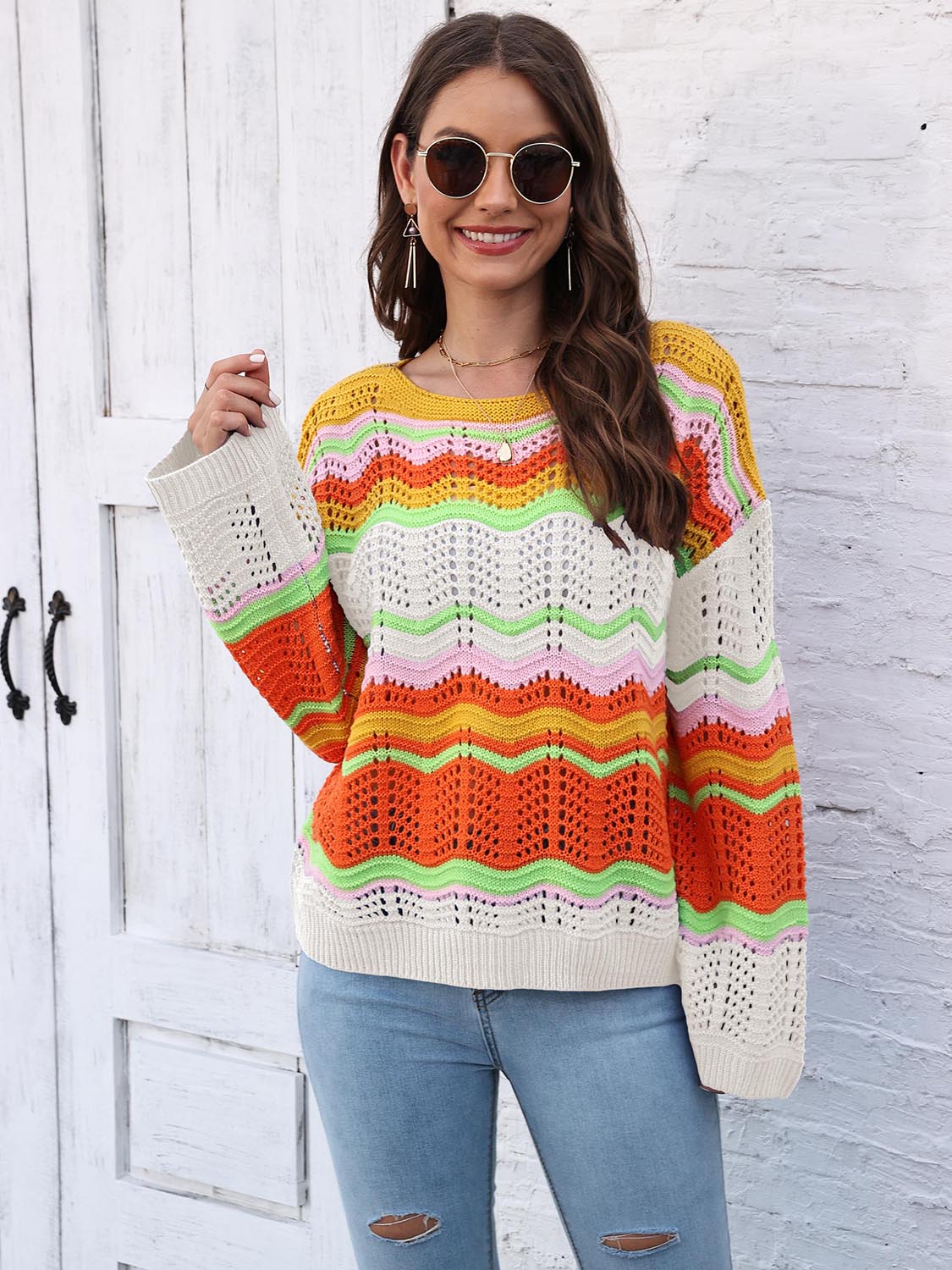 Maxct &Openwork Round Neck Knit Top