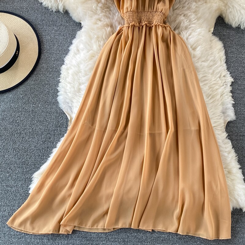 Chiffon Dress Women Sexy Slash Neck Ruffle Robe Elegant Ruffle High Waist Vestidos Female Beach Vacation New