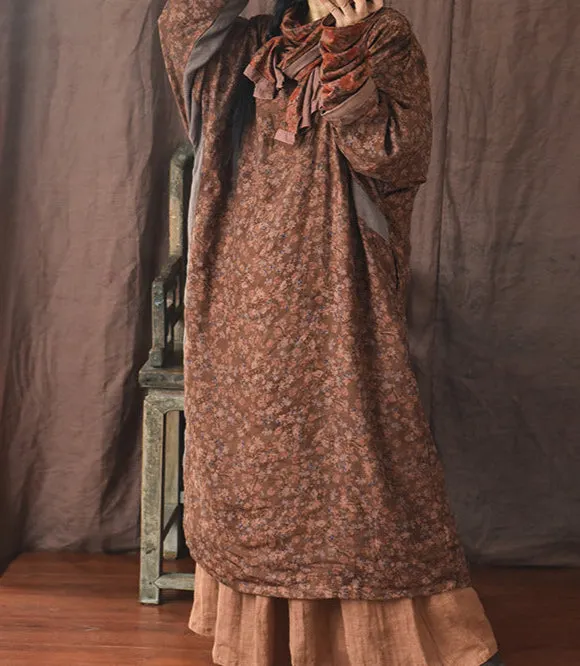 Vintage Distressed Floral Printed Mid-Length Linen Dress
