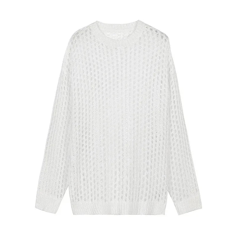 Maxct Summer Y2K Vintage Hollow Out Loose Knitting T-shirt Man All Match Geometic Tops Fashion Casual Outfits See-though Male Pullover
