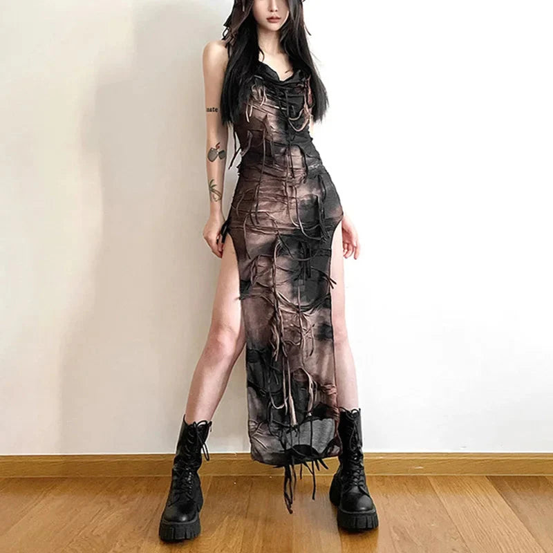 Grunge Dress y2k Tie Dye Print Sleeveless Side Split Hooded Dress Gothic Party Dresses Halloween Costume Maxct