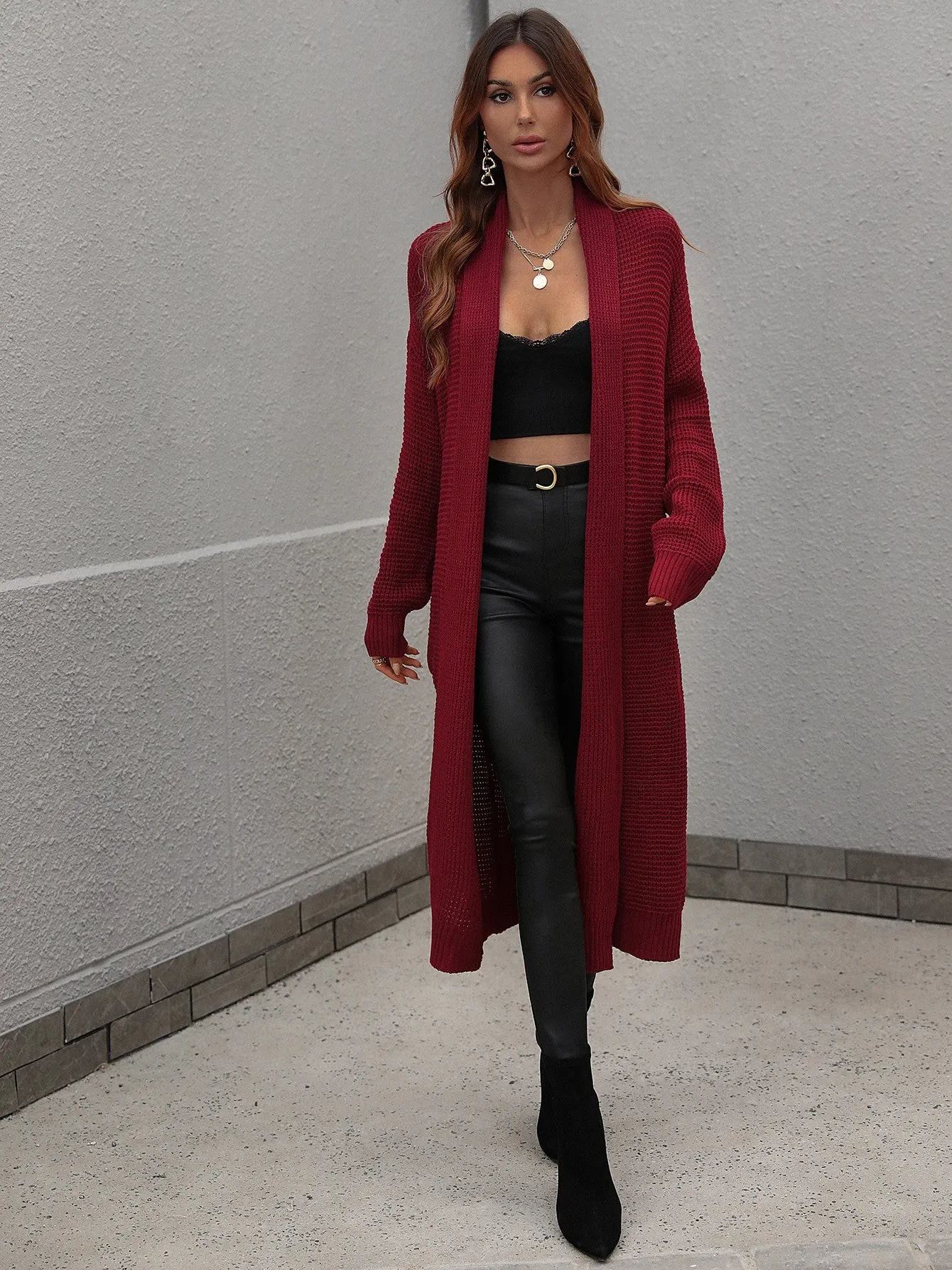 Maxct &Double Take Waffle Knit Open Front Duster Cardigan With Pockets