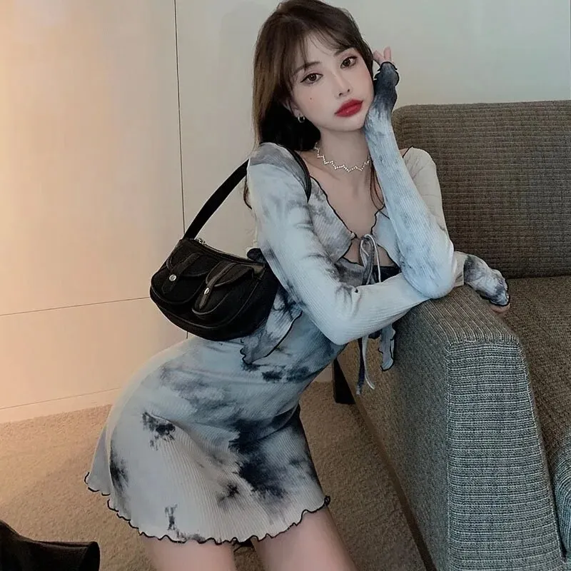Maxct Set Autumn Tie-dye Design Sense Tube Top Dress Women Fashion Cardigan Top Two-piece Suit