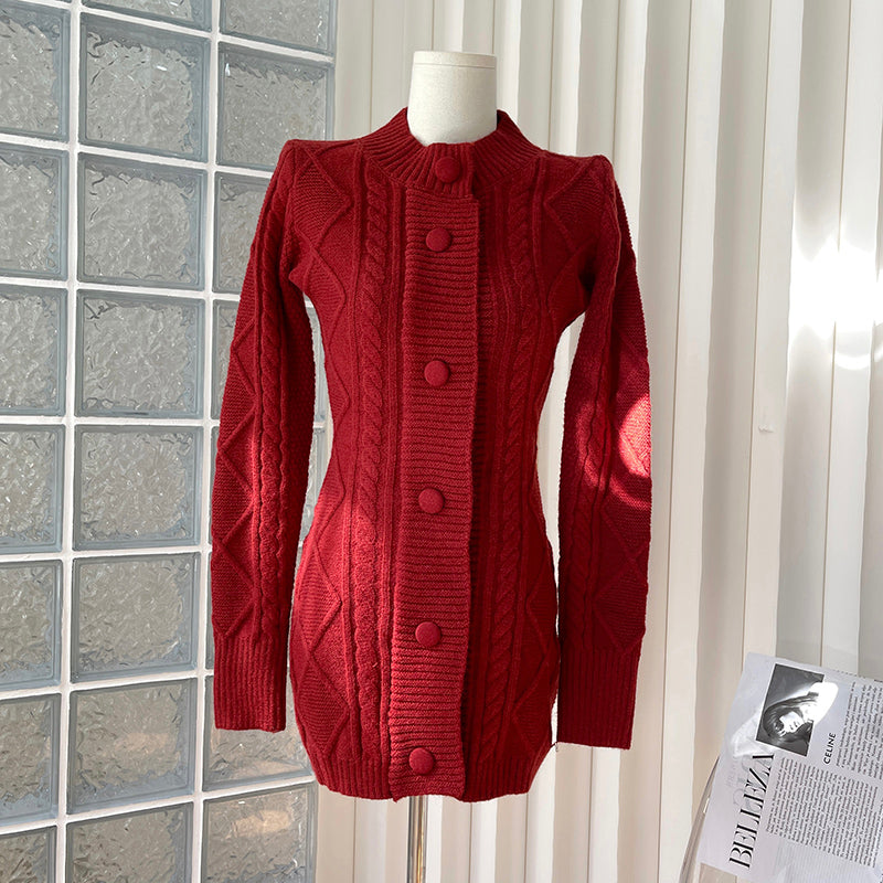 Button Cable Knit Sweater Dress Maxct