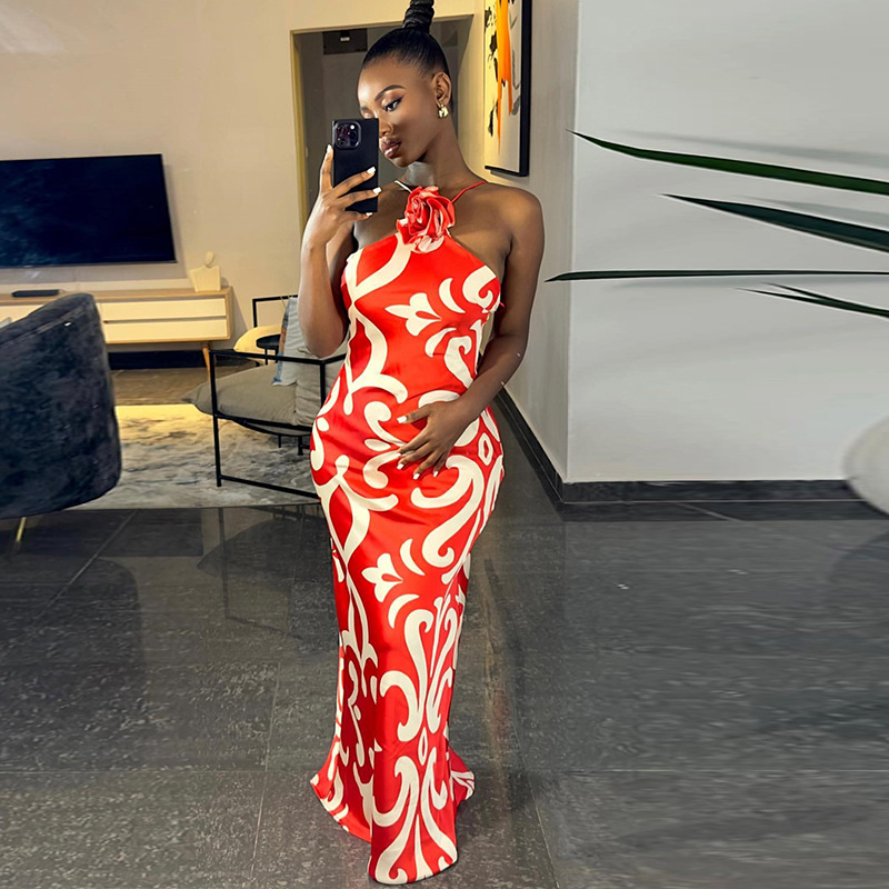 Maxct Fashionable Printed Sexy Sleeveless Halter Three-Dimensional Flower Decoration Sheath Dress Trendy Women
