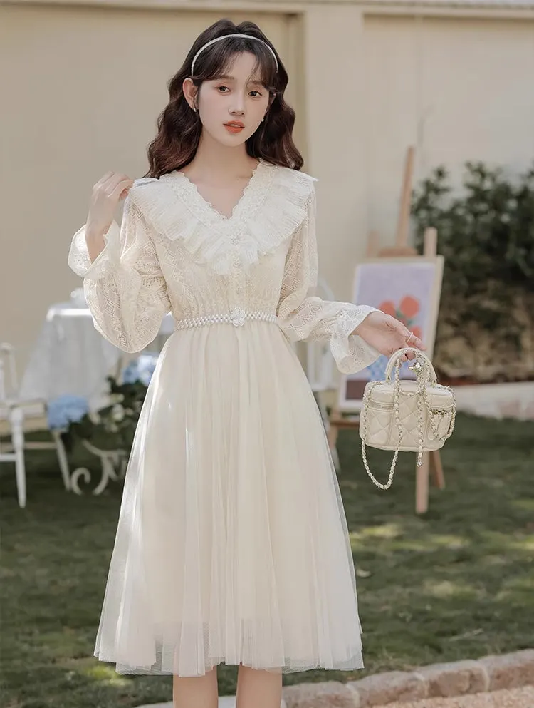 V-Neck Lace & Tulle Midi Dress Maxct