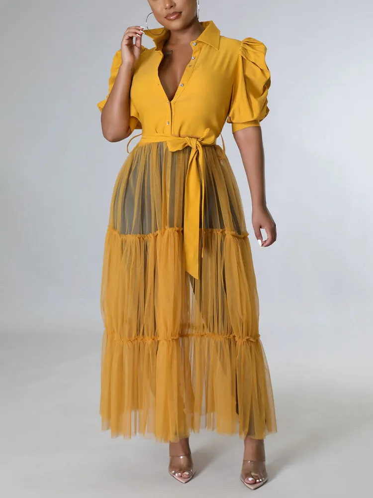 Long Sleeve Mesh Shirt Dress with Belt Maxct