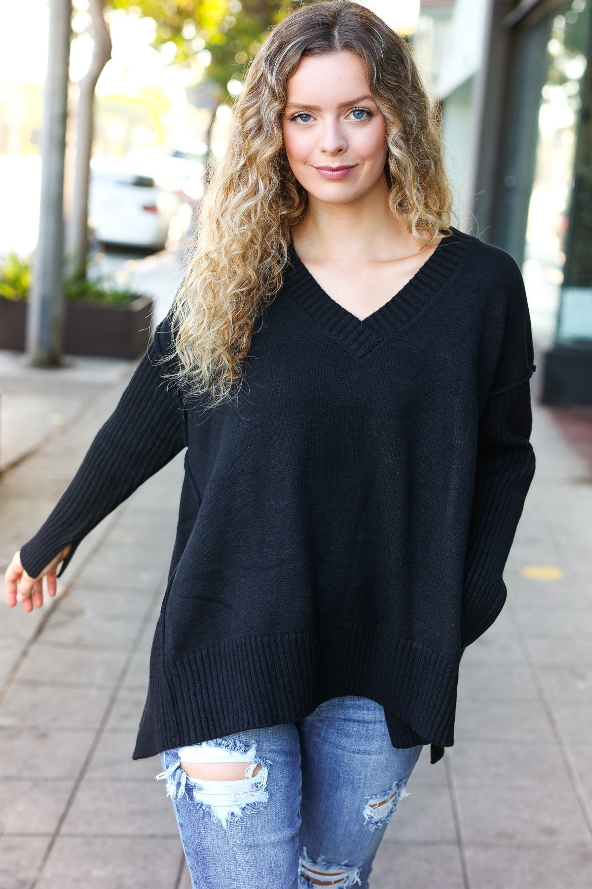 Maxct &Casual Chic Black Oversized V Neck Rib Knit Sweater