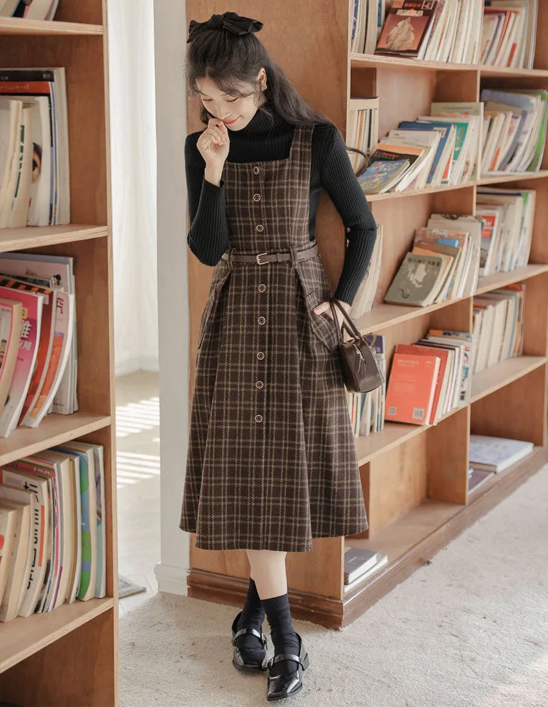 Button Up Plaid Pinafore Dress Maxct