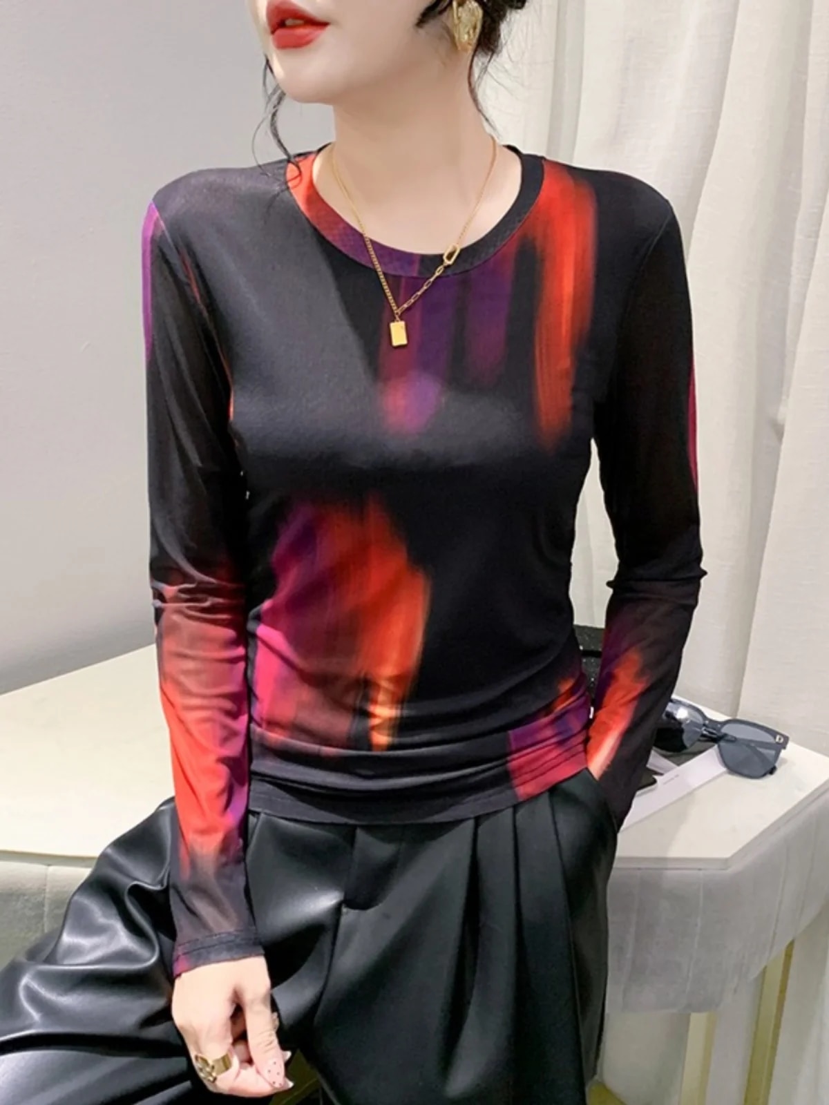 Maxct S-3XL New Vague Printing Mesh T-shirt Women's Round Neck Long Sleeve High Stretch Light Fabric Tees Tops - Image 4